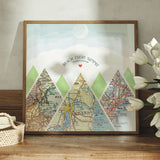 Mountain scape relief with inset maps in a square. Geometric clouds above. White flowers in foreground