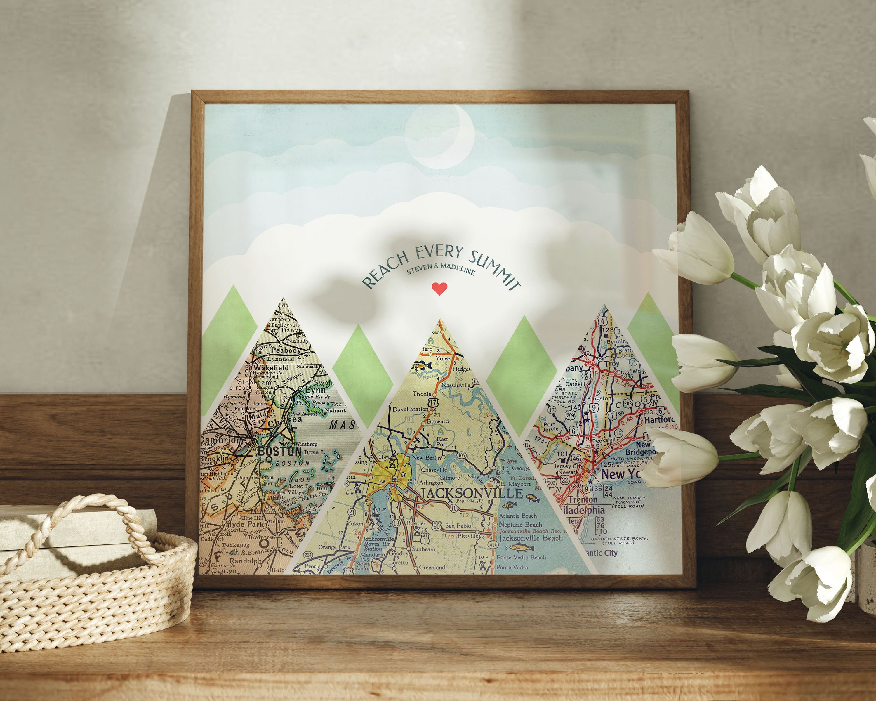 Mountain scape relief with inset maps in a square. Geometric clouds above. White flowers in foreground