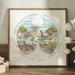 Relief of hills and highway into the horizon, with inset maps. Flowers in the foreground.