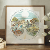 Relief of hills and highway into the horizon, with inset maps. Flowers in the foreground.