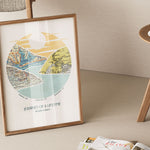 A riverscape with hills with inset maps. Leaning against chair