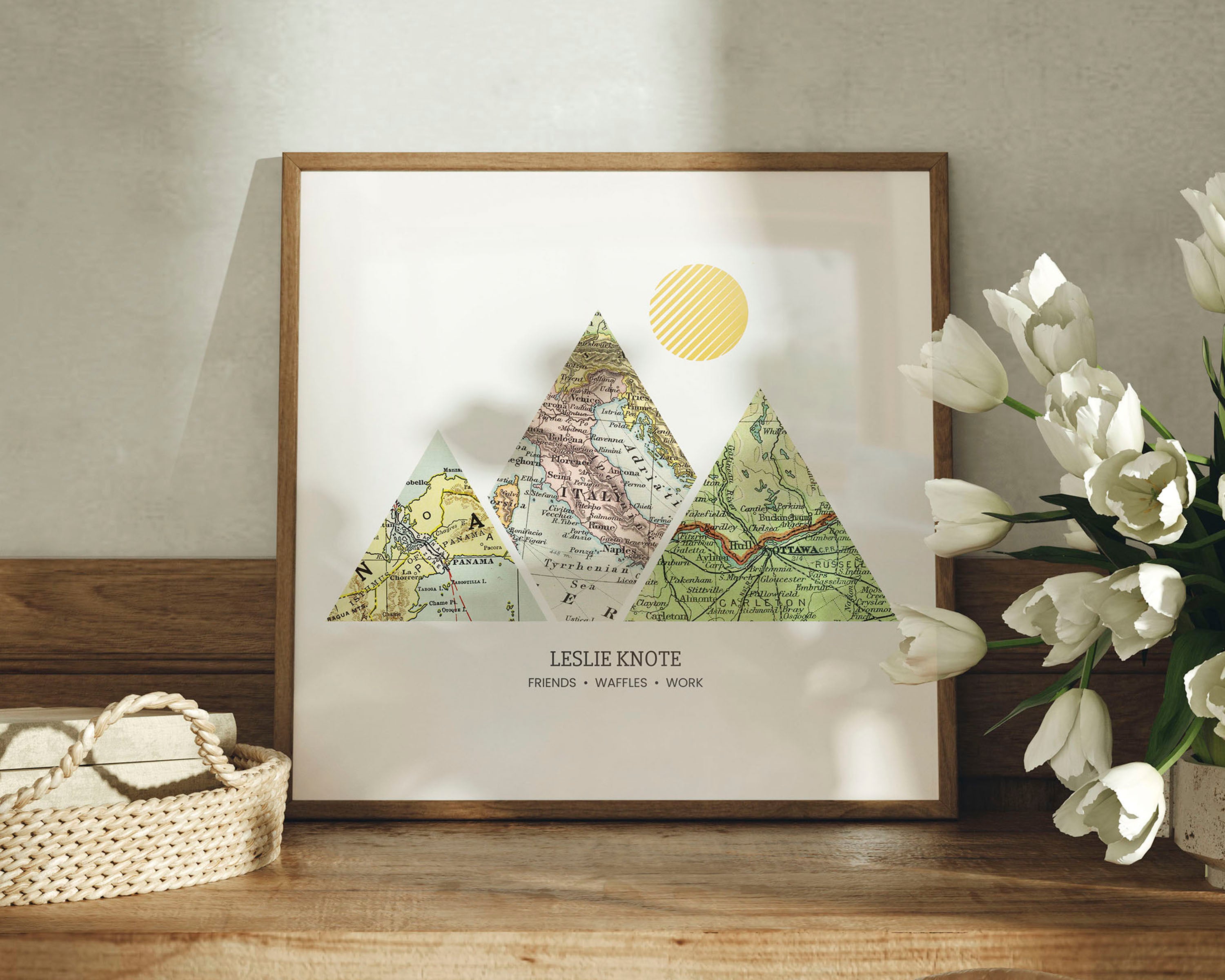 Mountain shaped relief with insert maps. Some flowers in a wood frame