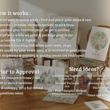 How it works: 1. Brief wait in queue while I find and place your maps and text
2. Receive 2 preview versions (proofs) to pick from
3. Approve your favorite proof, or get it revised
4. Brief wait while we print & package your order (or printable file if digital)
5. Receive a tracking link when your order ships
6. We stand by your order until it is received in good order. Lost shipments and printing and quality issues are reshipped.
Prior to approval, make changes to frame / size, add or switch locations