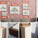Sizes and frames. 16x16, 24x18, 12x12, 10x8, 16x12. Closeups of White Frame, Black Frame, Walnut Canvas, Canvas Wrap