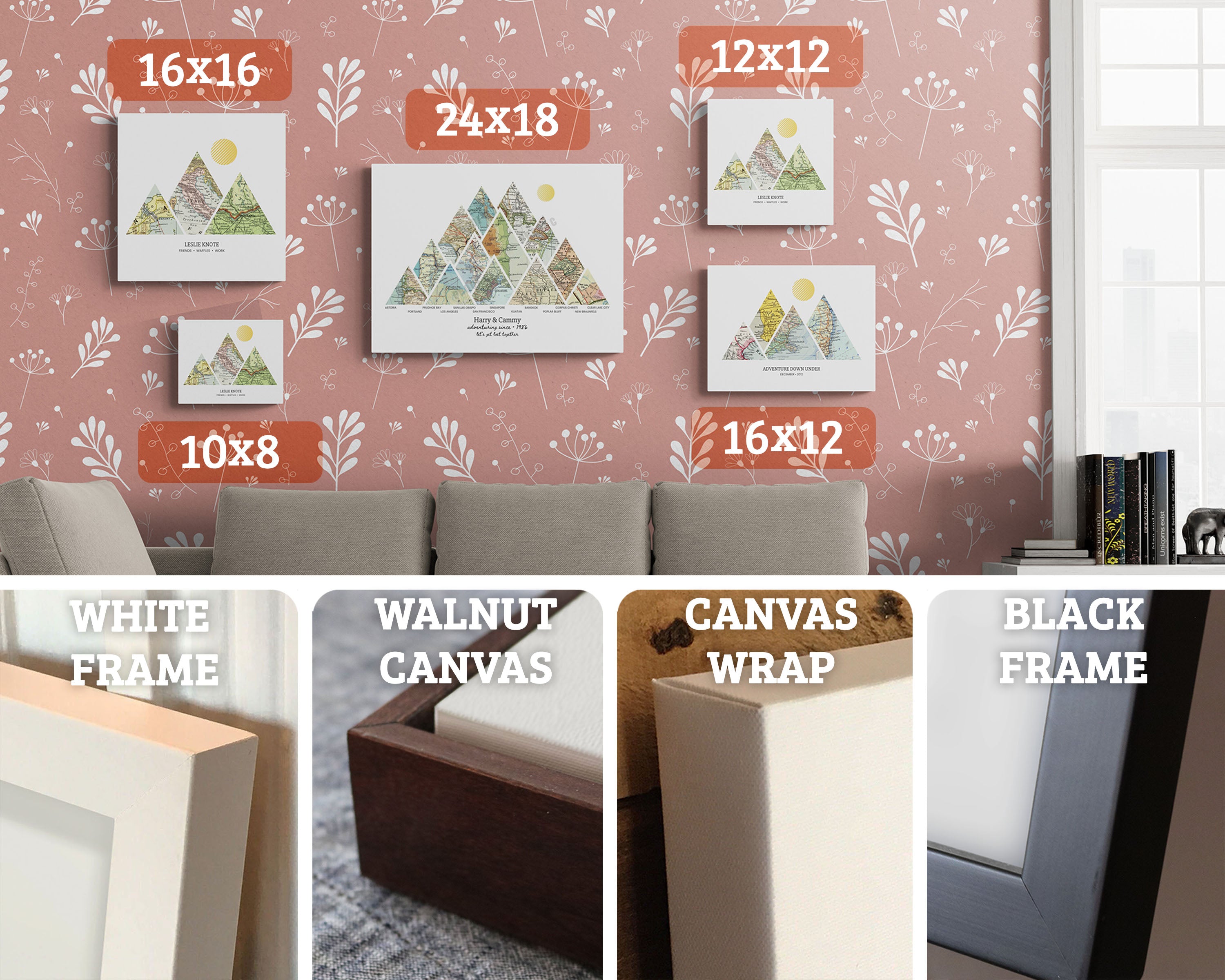 Sizes and frames. 16x16, 24x18, 12x12, 10x8, 16x12. Closeups of White Frame, Black Frame, Walnut Canvas, Canvas Wrap
