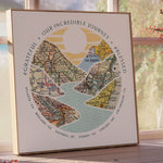 A riverscape with hills with inset maps. in front of a window