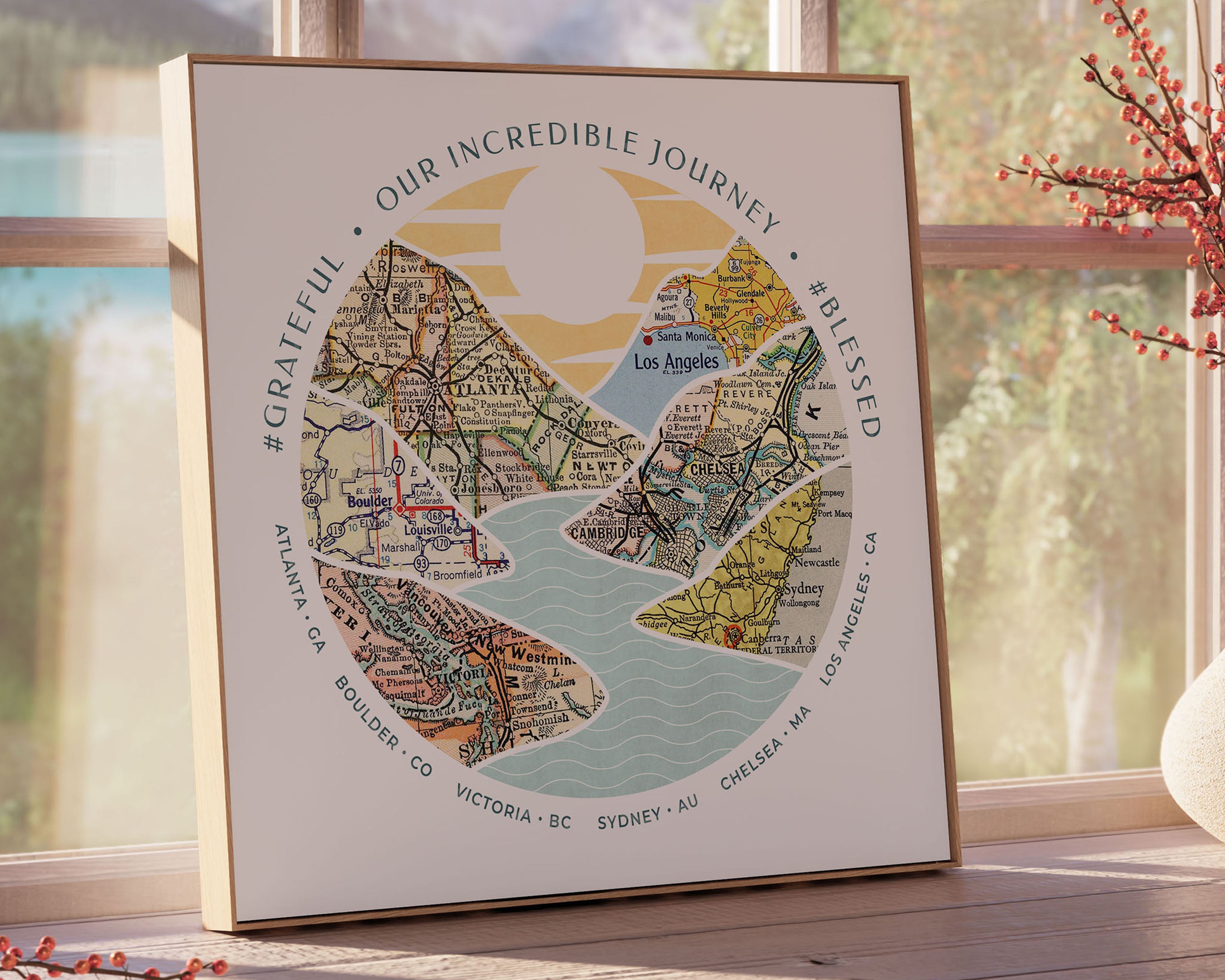 A riverscape with hills with inset maps. in front of a window