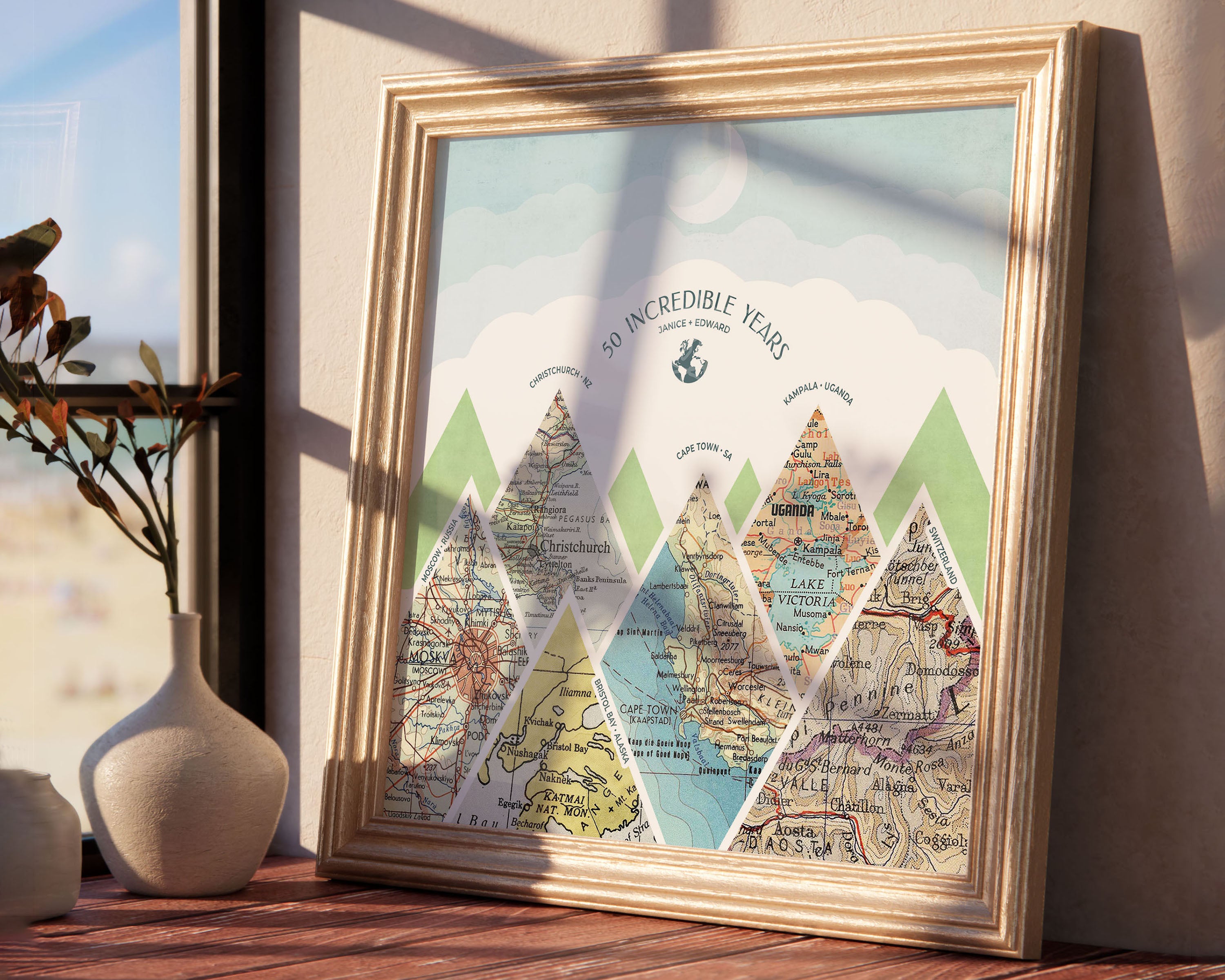 Mountain scape relief with inset maps in a square. Geometric clouds above. Window casting light on the picture.