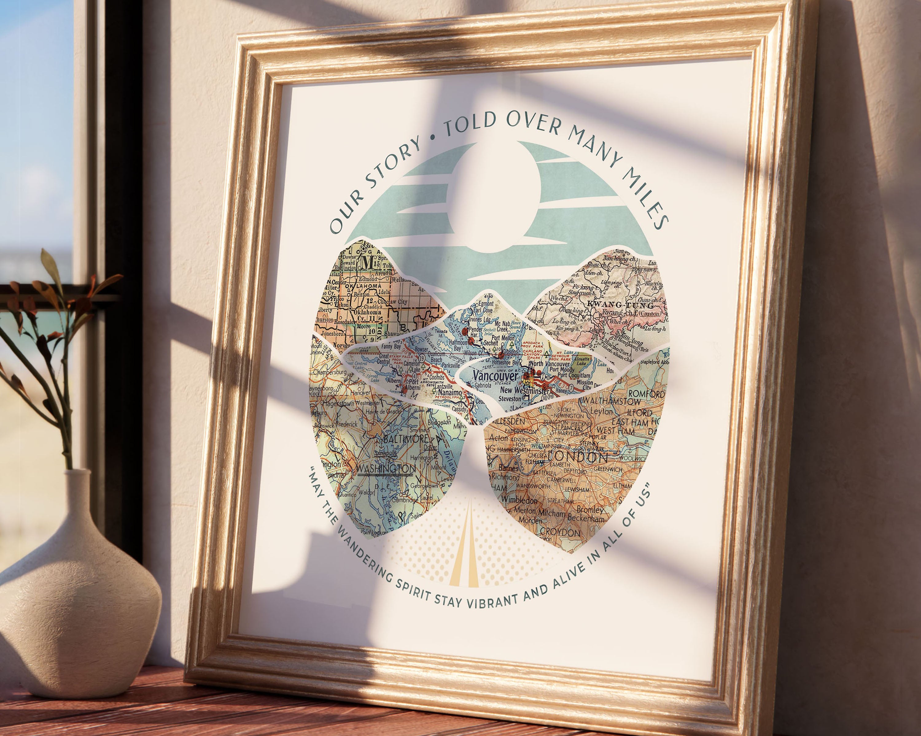 Relief of hills and highway into the horizon, with inset maps. Window casting light on the artwork.