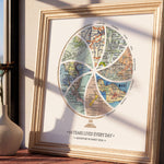 Globe and stand relief design with inset maps. Window with light casting on the artwork.