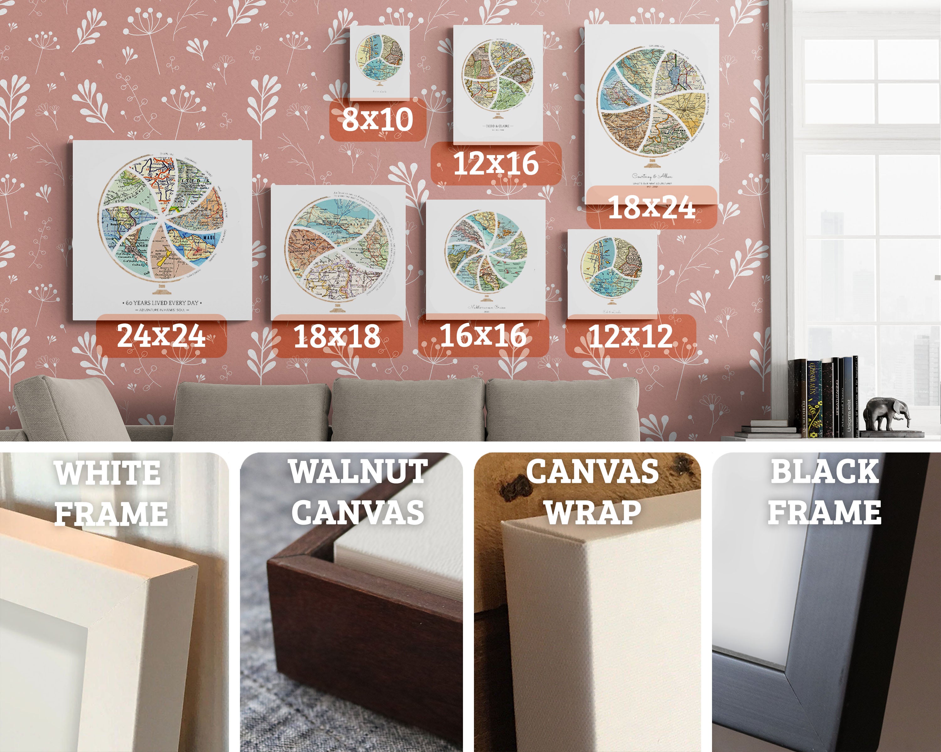 Sizes and frames. 16x16, 24x18, 12x12, 10x8, 16x12. Closeups of White Frame, Black Frame, Walnut Canvas, Canvas Wrap