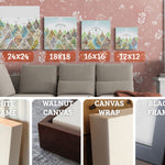 Sizes and frames. 16x16, 24x18, 12x12, 10x8, 16x12. Closeups of White Frame, Black Frame, Walnut Canvas, Canvas Wrap