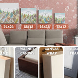Sizes and frames. 16x16, 24x18, 12x12, 10x8, 16x12. Closeups of White Frame, Black Frame, Walnut Canvas, Canvas Wrap