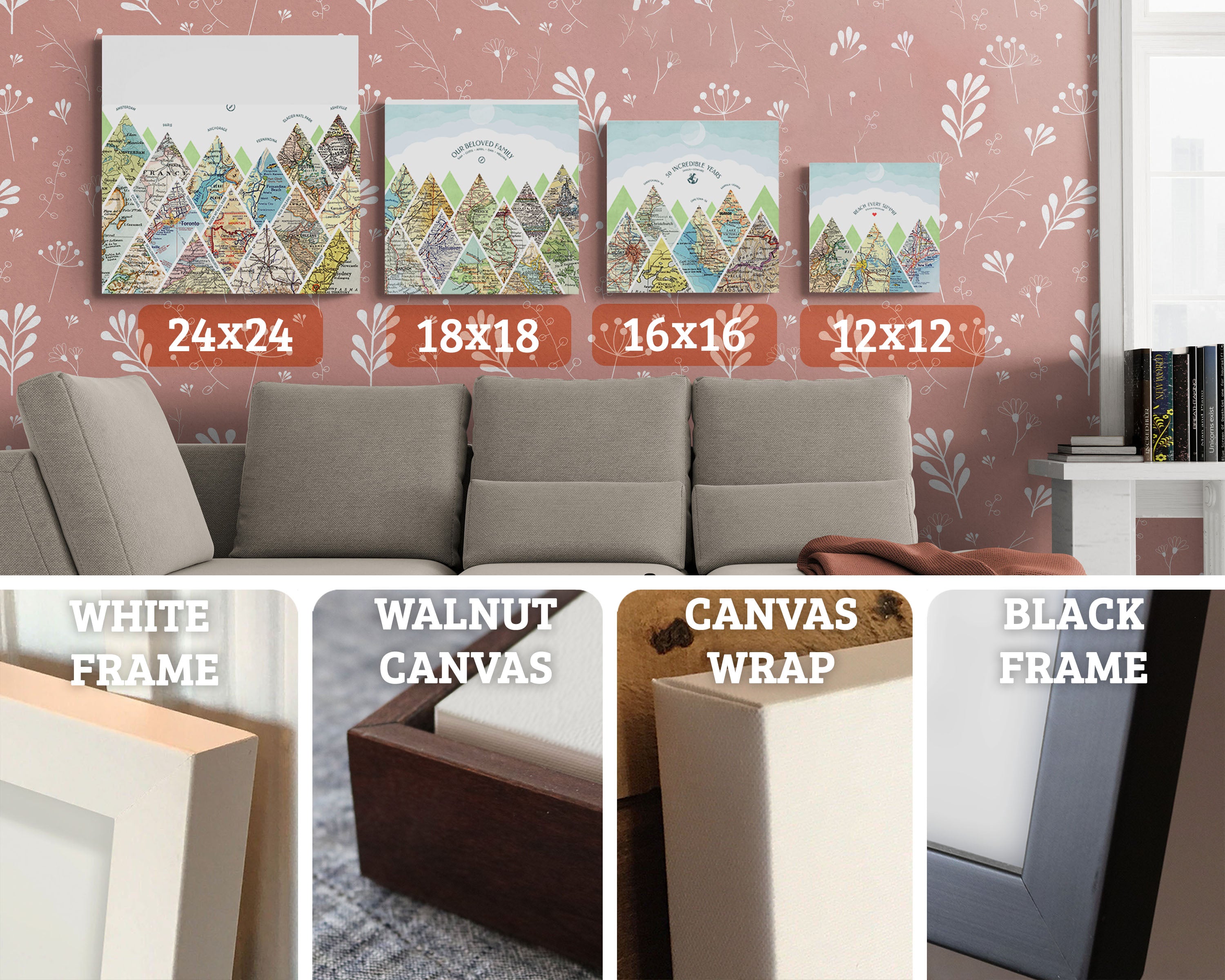 Sizes and frames. 16x16, 24x18, 12x12, 10x8, 16x12. Closeups of White Frame, Black Frame, Walnut Canvas, Canvas Wrap