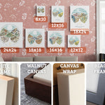 Sizes and frames. 16x16, 24x18, 12x12, 10x8, 16x12. Closeups of White Frame, Black Frame, Walnut Canvas, Canvas Wrap
