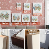 Sizes and frames. 16x16, 24x18, 12x12, 10x8, 16x12. Closeups of White Frame, Black Frame, Walnut Canvas, Canvas Wrap