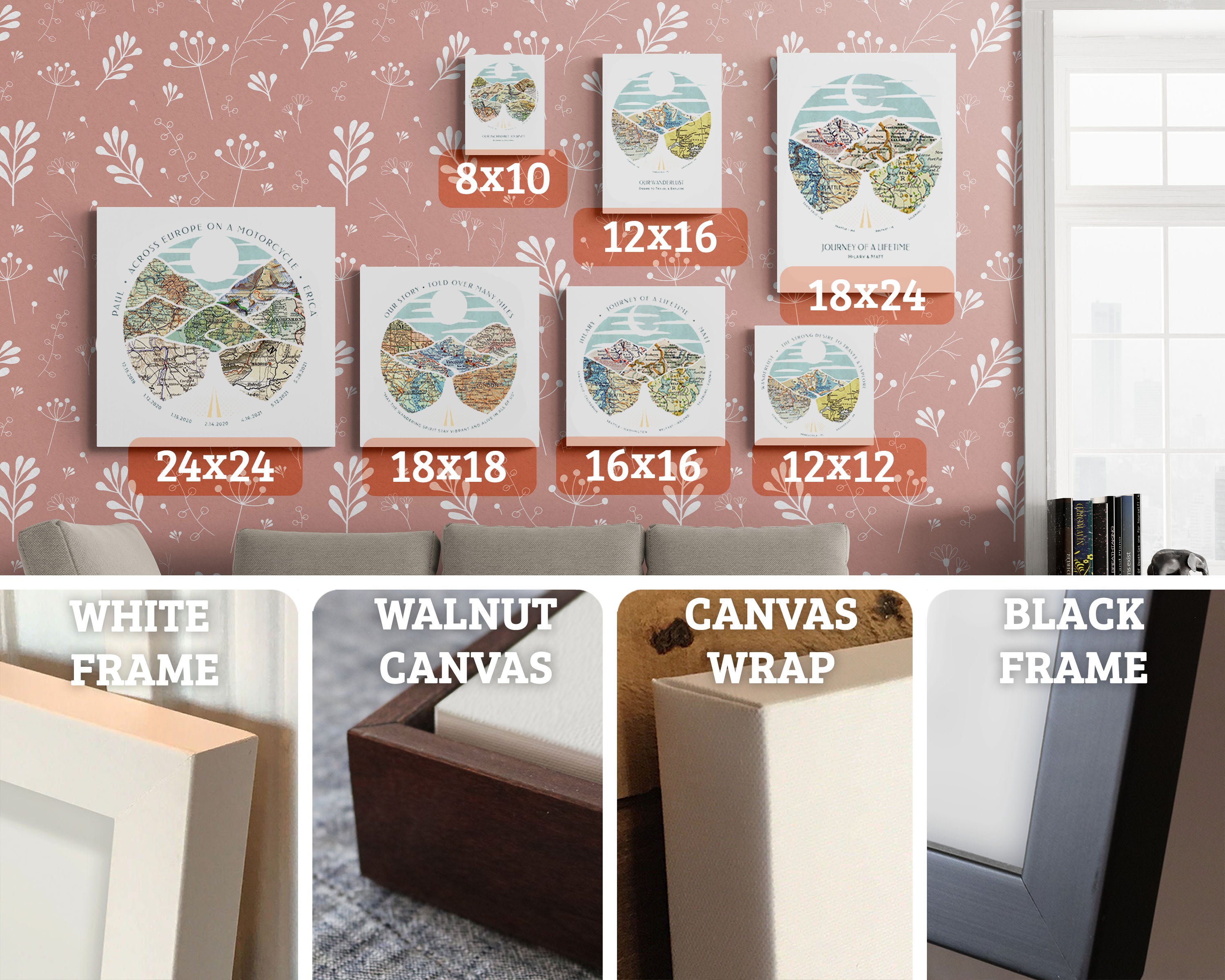 Sizes and frames. 16x16, 24x18, 12x12, 10x8, 16x12. Closeups of White Frame, Black Frame, Walnut Canvas, Canvas Wrap