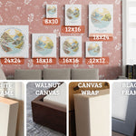 Sizes and frames. 16x16, 24x18, 12x12, 10x8, 16x12. Closeups of White Frame, Black Frame, Walnut Canvas, Canvas Wrap