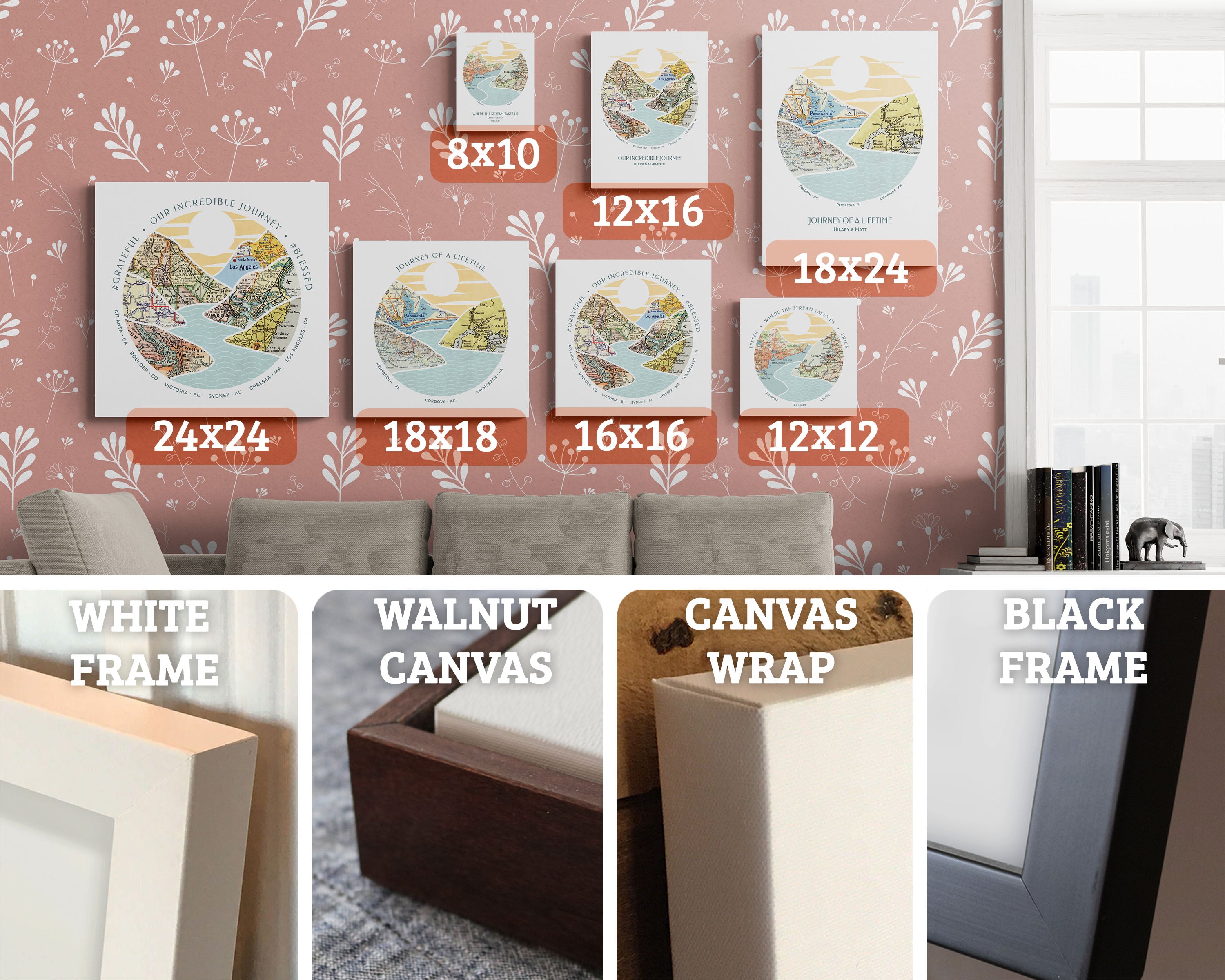 Sizes and frames. 16x16, 24x18, 12x12, 10x8, 16x12. Closeups of White Frame, Black Frame, Walnut Canvas, Canvas Wrap
