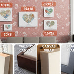 A sizing guide relative to couch. 16x16, 24x18, 12x12, 10x8, 16x12 sizes.

Closeups of frame examples. White Frame, Walnut Canvas, Canvas Wrap, Black Frame
