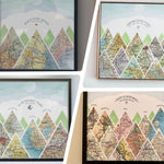 4 examples of Mountain scape relief with inset maps in a square. Geometric clouds above.