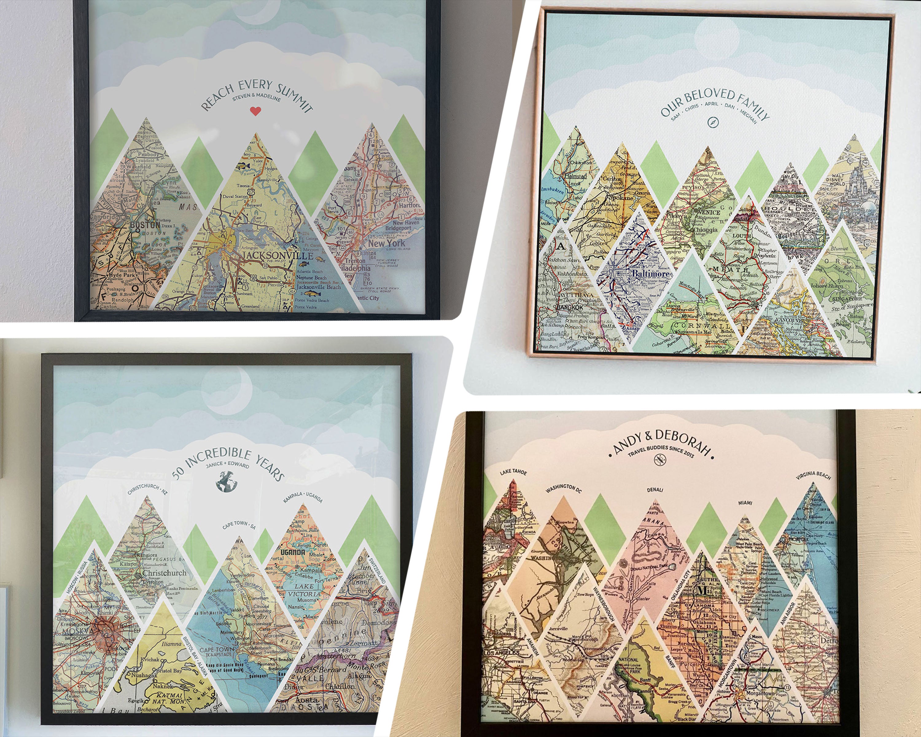 4 examples of Mountain scape relief with inset maps in a square. Geometric clouds above.