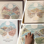 4 instances of Relief of hills and highway into the horizon, with inset maps.