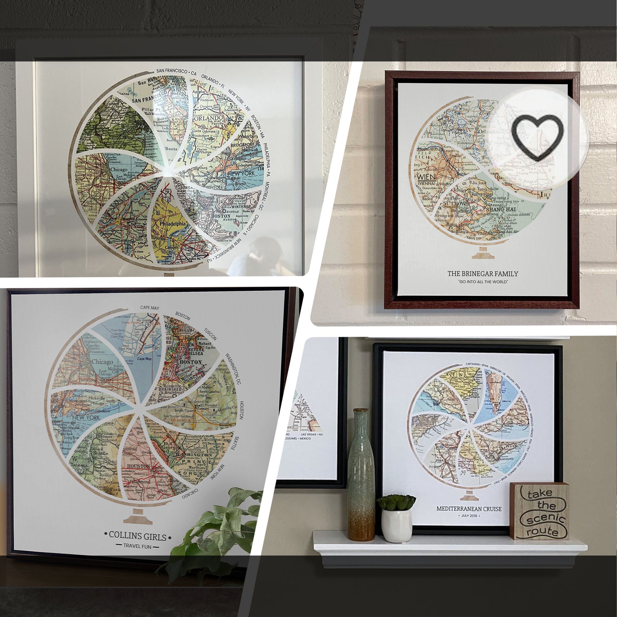 4 instance of Globe and stand relief design with inset maps.