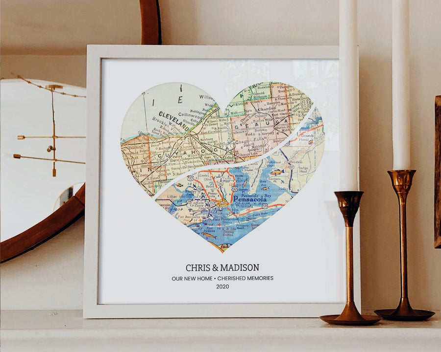 image of curved vintage map art print in curved style and 2 locations. "two", "t/w/o"