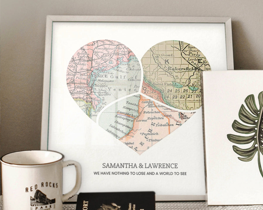 image of curved vintage map art print in curved style and 3 locations. "three"