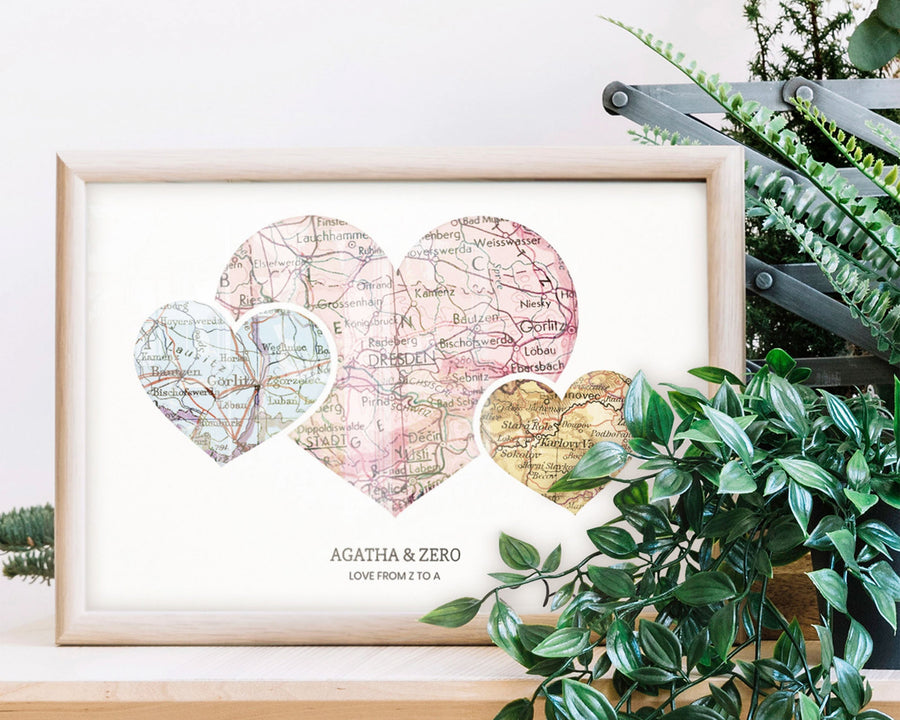 image of overlapping vintage map art print in overlapping style and 3 locations. "t|h|r|e|e"