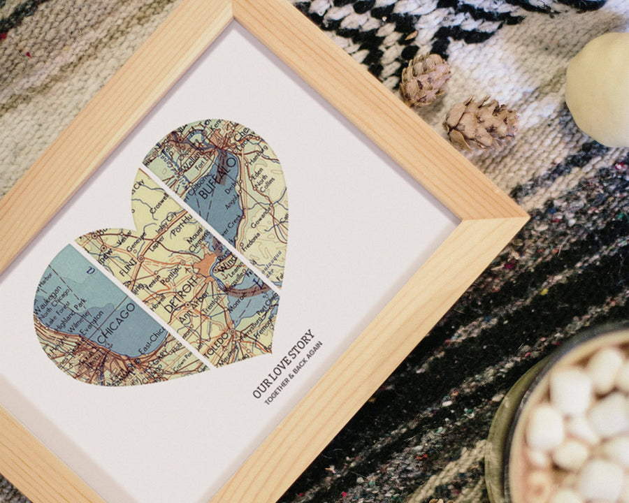image of vertical vintage map art print in vertical style and 3 locations. "t/h/r/e/e"