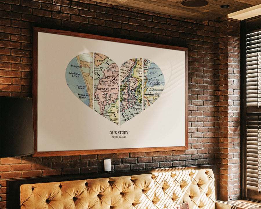 image of vertical vintage map art print in vertical style and 4 locations. "f/o/u/r"