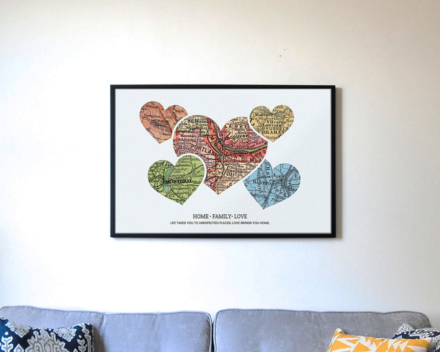 image of overlapping vintage map art print in overlapping style and 5 locations. "f|i|v|e"