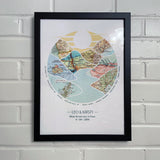 [Black Frame|12x16|8 Maps] River scape relief with inset maps in hills. On White brick wall.