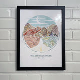 [Black Frame|12x16|6 Maps] Relief of hills and highway into the horizon, with inset maps. On white brick wall