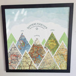 [Black Frame|16x16|7 Maps] Mountain scape relief with inset maps and geometric clouds above.