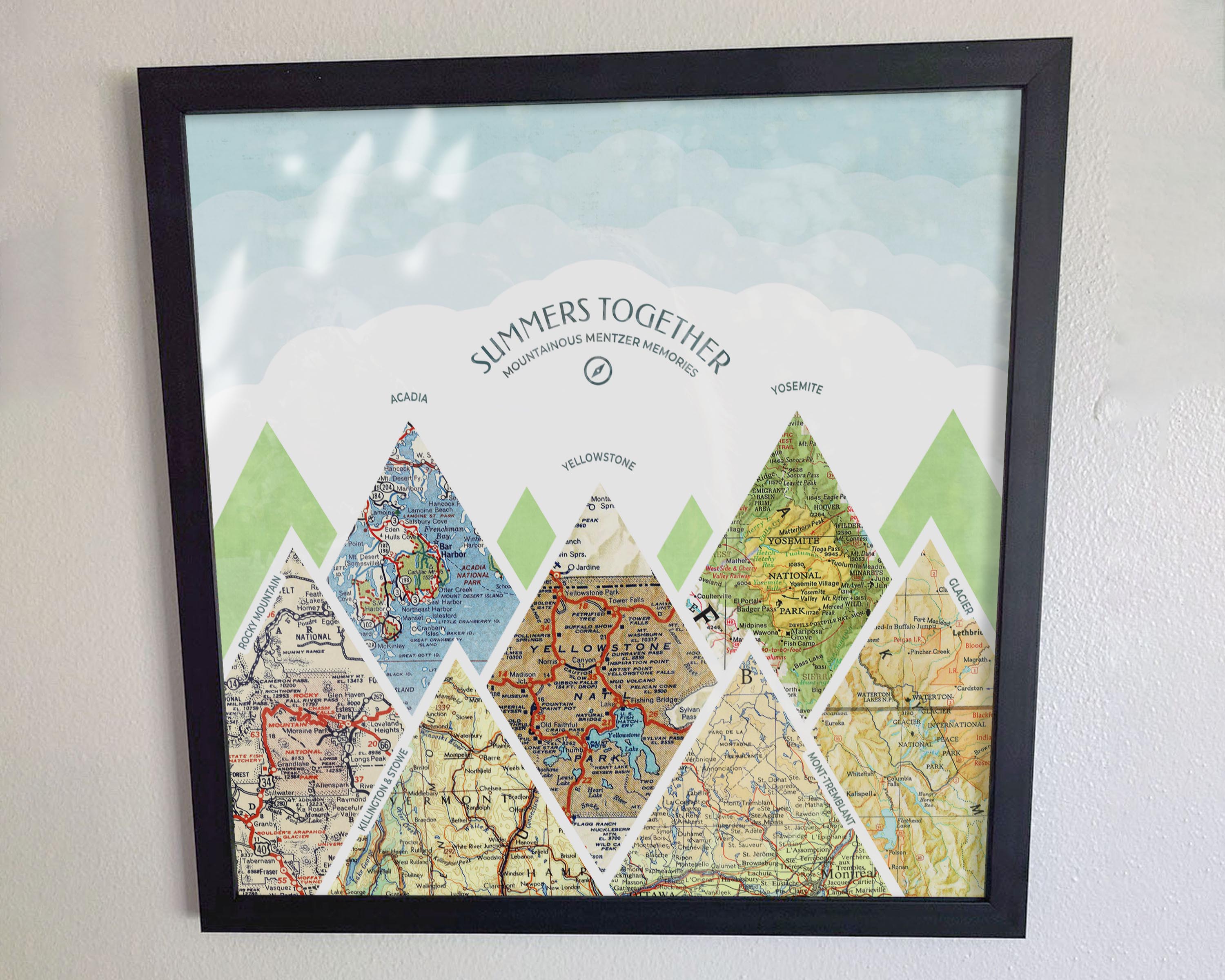 [Black Frame|16x16|7 Maps] Mountain scape relief with inset maps and geometric clouds above.