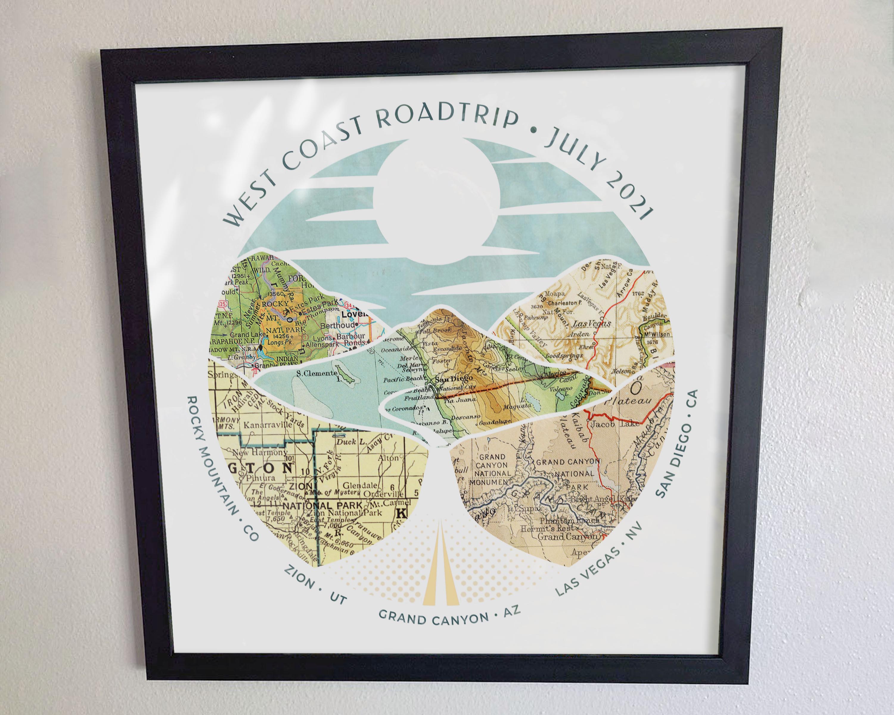 [Black Frame|16x16|5 Maps] Relief of hills and highway into the horizon, with inset maps.