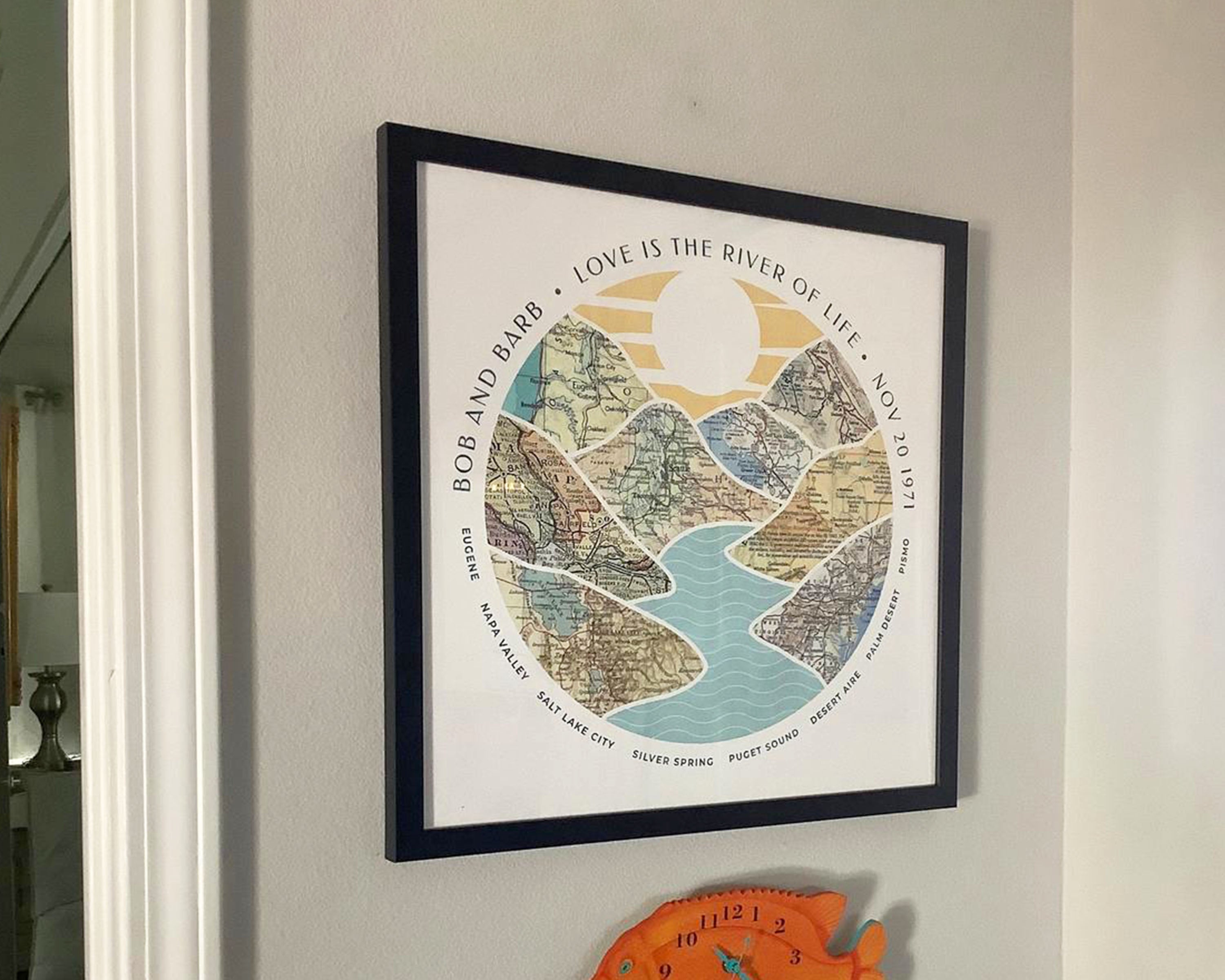 [Black Frame|18x18|8 Maps] River scape relief with inset maps in hills. Hanging in customer's home.
