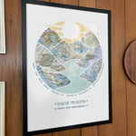 [Black Frame|18x24|8 Maps] River scape relief with inset maps in hills. Wooden wall with yellow clock.