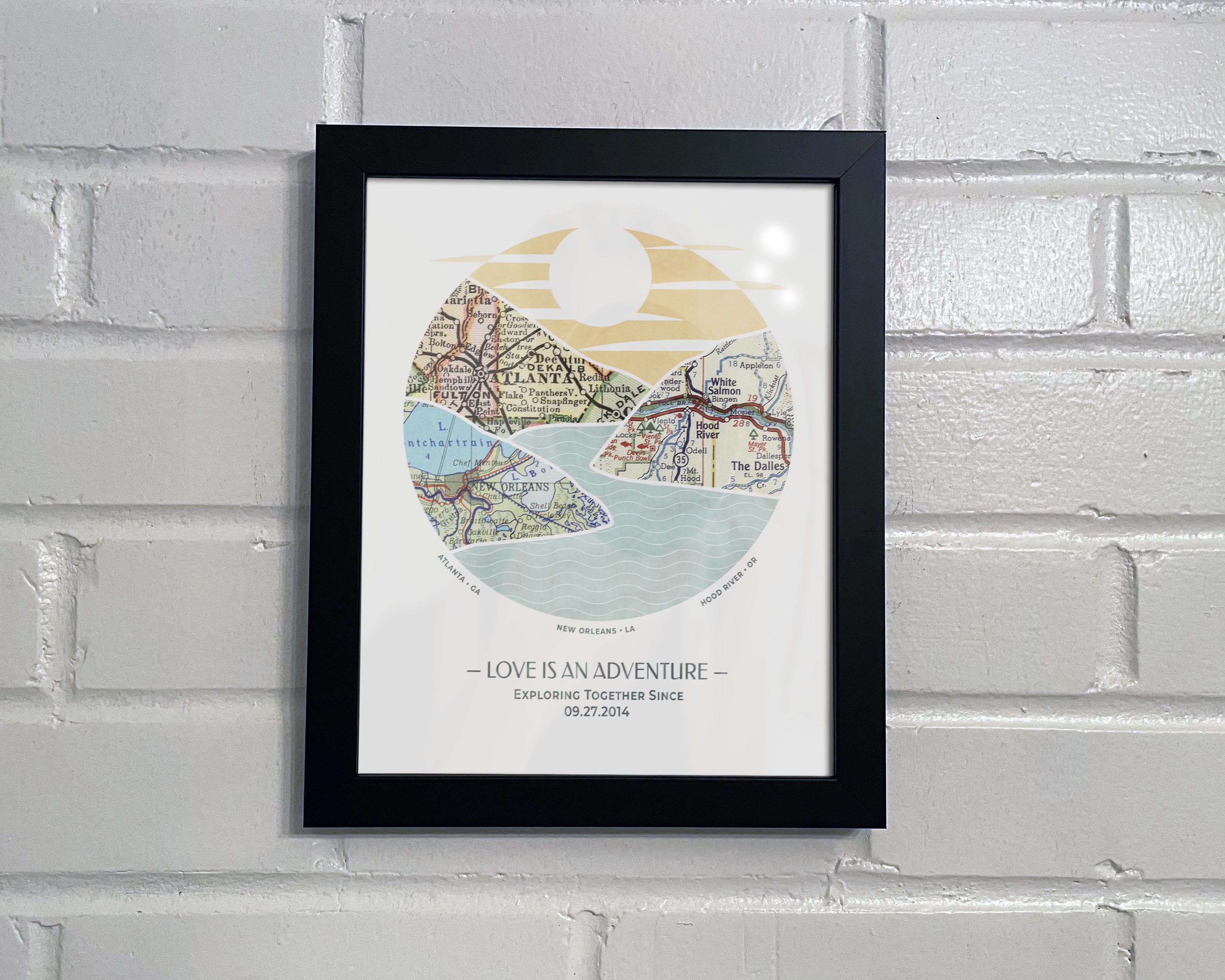 [Black Frame|8x10|3 Maps] River scape relief with inset maps in hills. White brick wall.