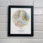 [Black Frame|8x10|3 Maps] Globe and stand relief design with inset maps. On white brick wall.