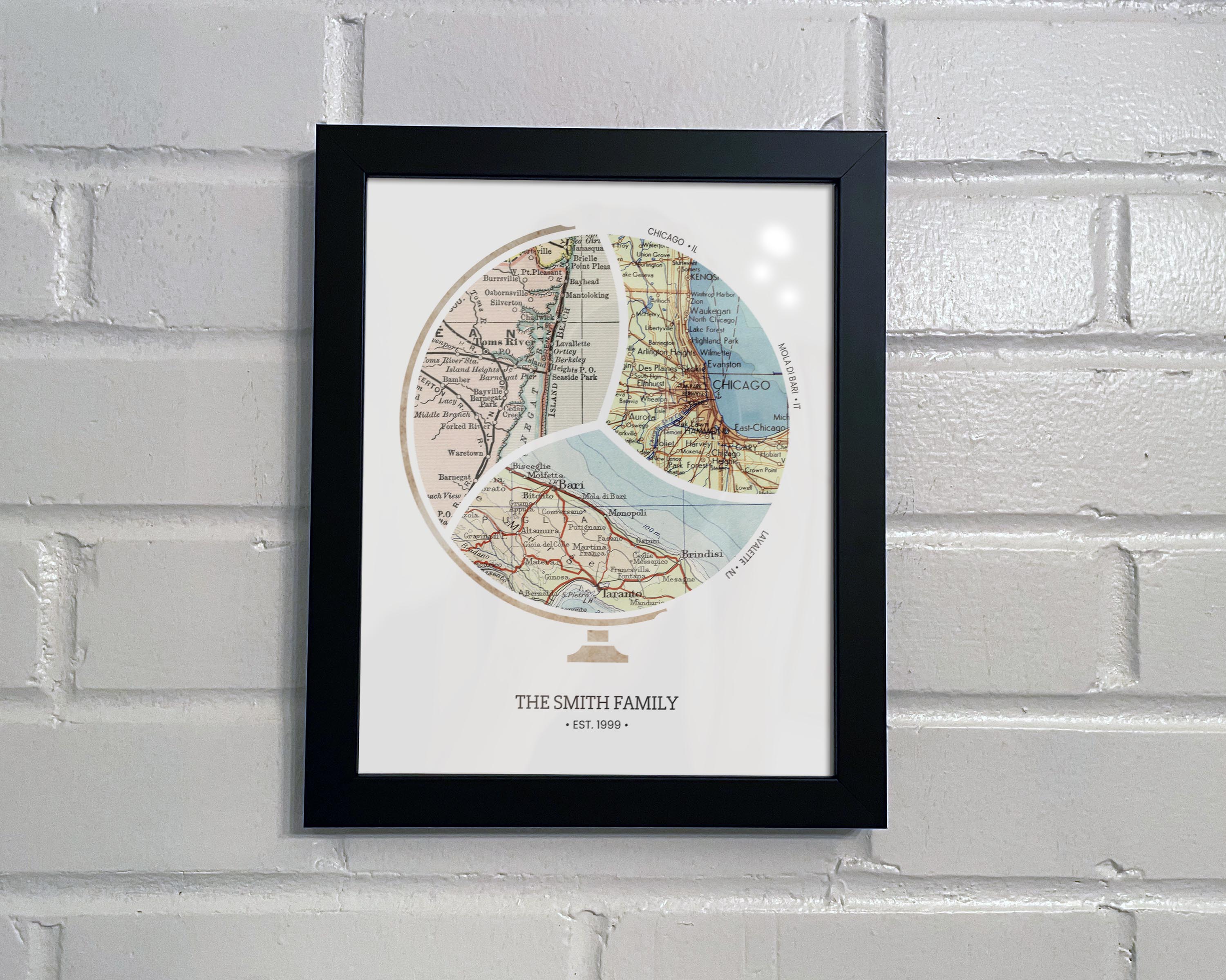 [Black Frame|8x10|3 Maps] Globe and stand relief design with inset maps. On white brick wall.