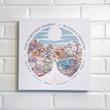 [Canvas Wrap|12x12|6 Maps] Relief of hills and highway into the horizon, with inset maps. On a white brick wall.