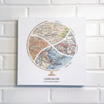 [Canvas Wrap|12x12|4 Maps] Globe and stand relief design with inset maps. On white brick wall.