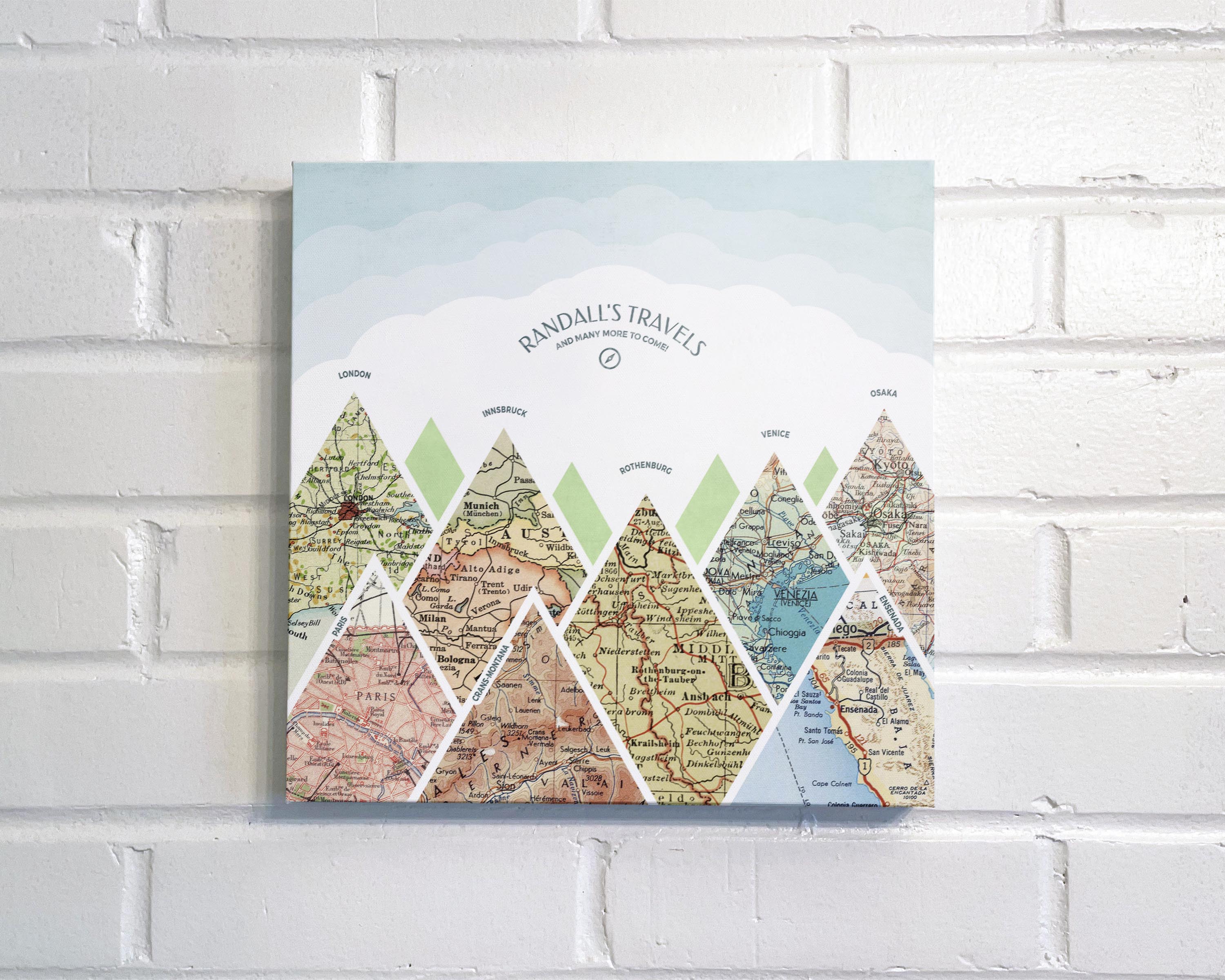 [Canvas Wrap|12x12|8 Maps] Mountain scape relief with inset maps and geometric clouds above.
