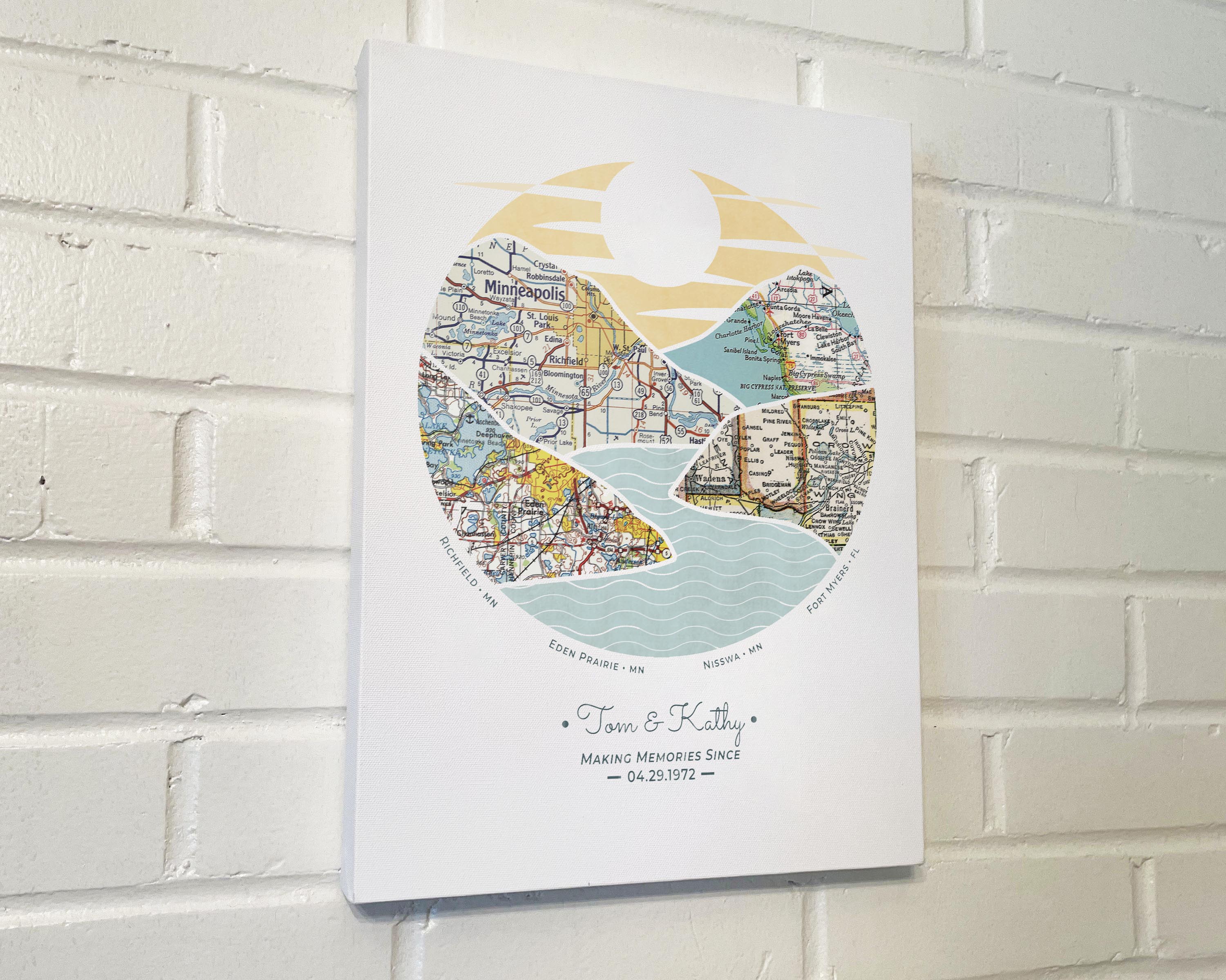 [Canvas Wrap|12x16|4 Maps] River scape relief with inset maps in hills. Hung on white brick wall.