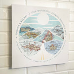 [Canvas Wrap|16x16|6 Maps] Relief of hills and highway into the horizon, with inset maps. On a white brick wall.