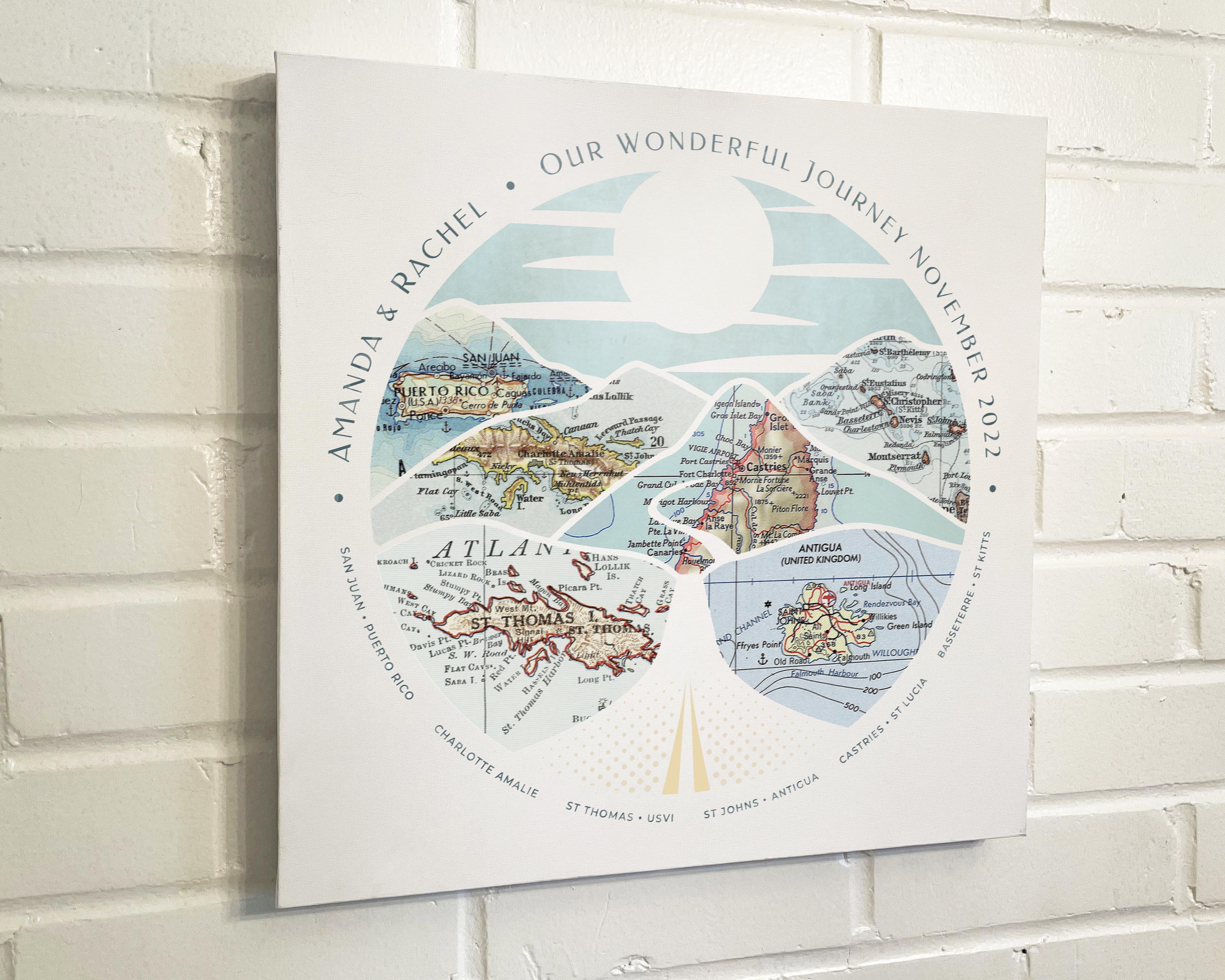 [Canvas Wrap|16x16|6 Maps] Relief of hills and highway into the horizon, with inset maps. On a white brick wall.